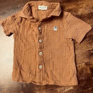 Rabbit + Bear Brown Organic Cotton Gauze Short Sleeve Button Up Shirt Baby 24M